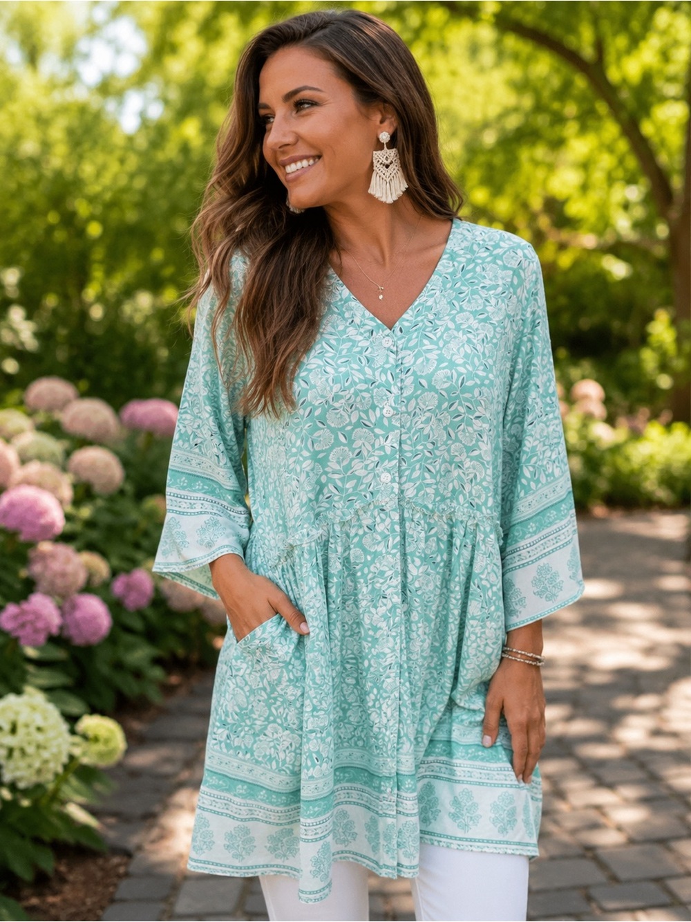 Yak & Yeti Boho Floral Border Print Tunic Blouse O/S NWT Handmade Nepal